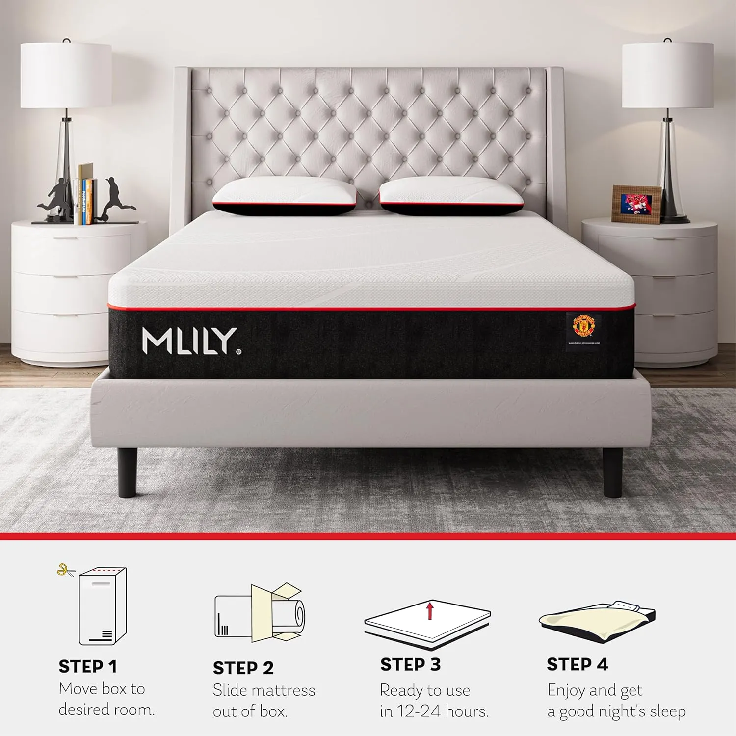 MLILY Queen Mattress Bed, Manchester United 10 Inch Memory Foam Mattress, Cool Sleep & Pressure Relief, Made in The USA of US Foam and Global Materials, White