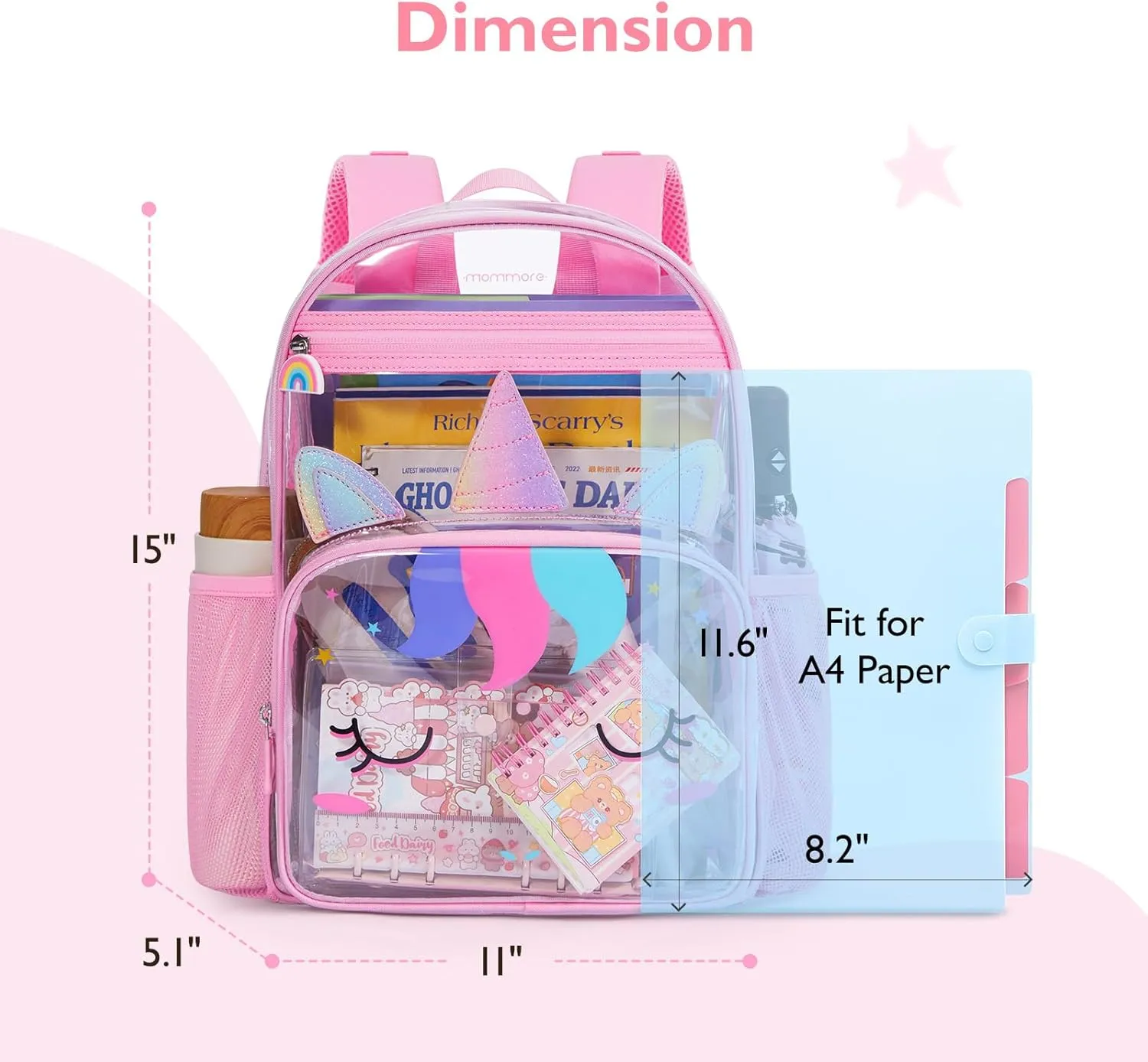 mommore Clear Backpack for Kids Unicorn Backpack for Girls 4-8 Water-Resistant See Through Cartoon Toddler Bookbag with Chest Strap for Preschool Kindergarten Travel, Pink