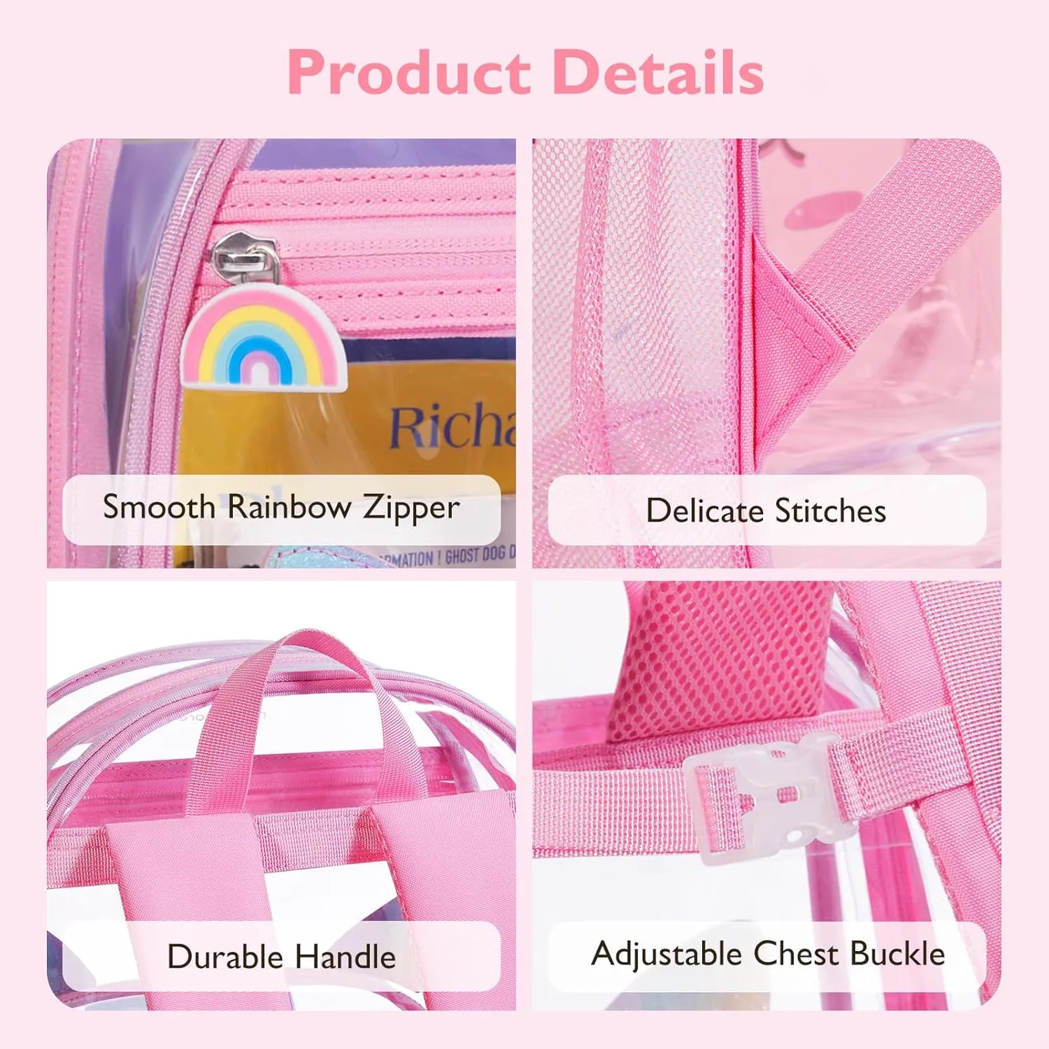 mommore Clear Backpack for Kids Unicorn Backpack for Girls 4-8 Water-Resistant See Through Cartoon Toddler Bookbag with Chest Strap for Preschool Kindergarten Travel, Pink