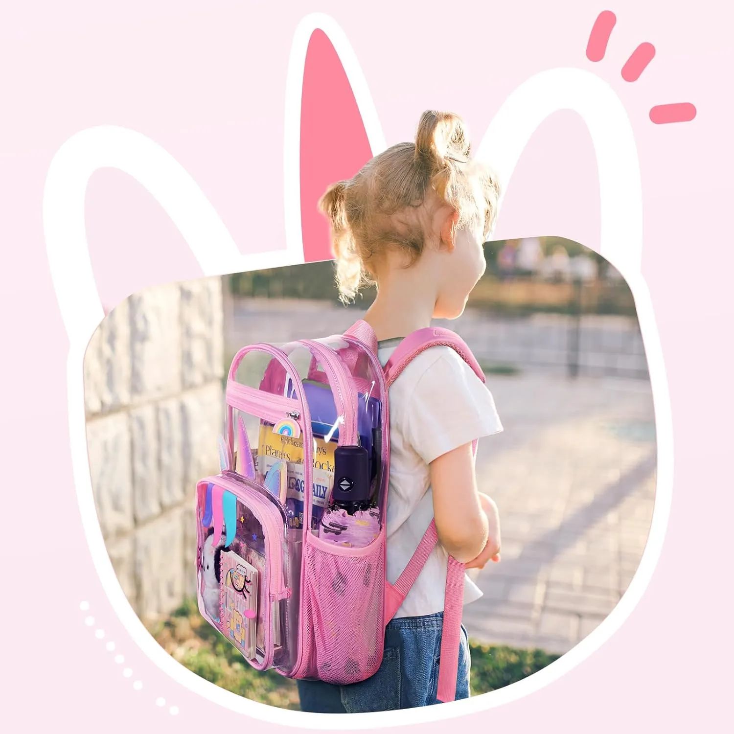 mommore Clear Backpack for Kids Unicorn Backpack for Girls 4-8 Water-Resistant See Through Cartoon Toddler Bookbag with Chest Strap for Preschool Kindergarten Travel, Pink