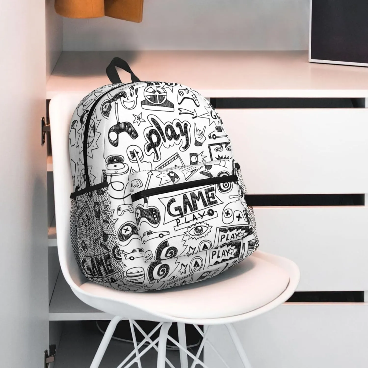Monochrome Sketch Style Gaming Print Comfortable Backpack,Your Essential Casual Travel Bag For Outdoor Adventures