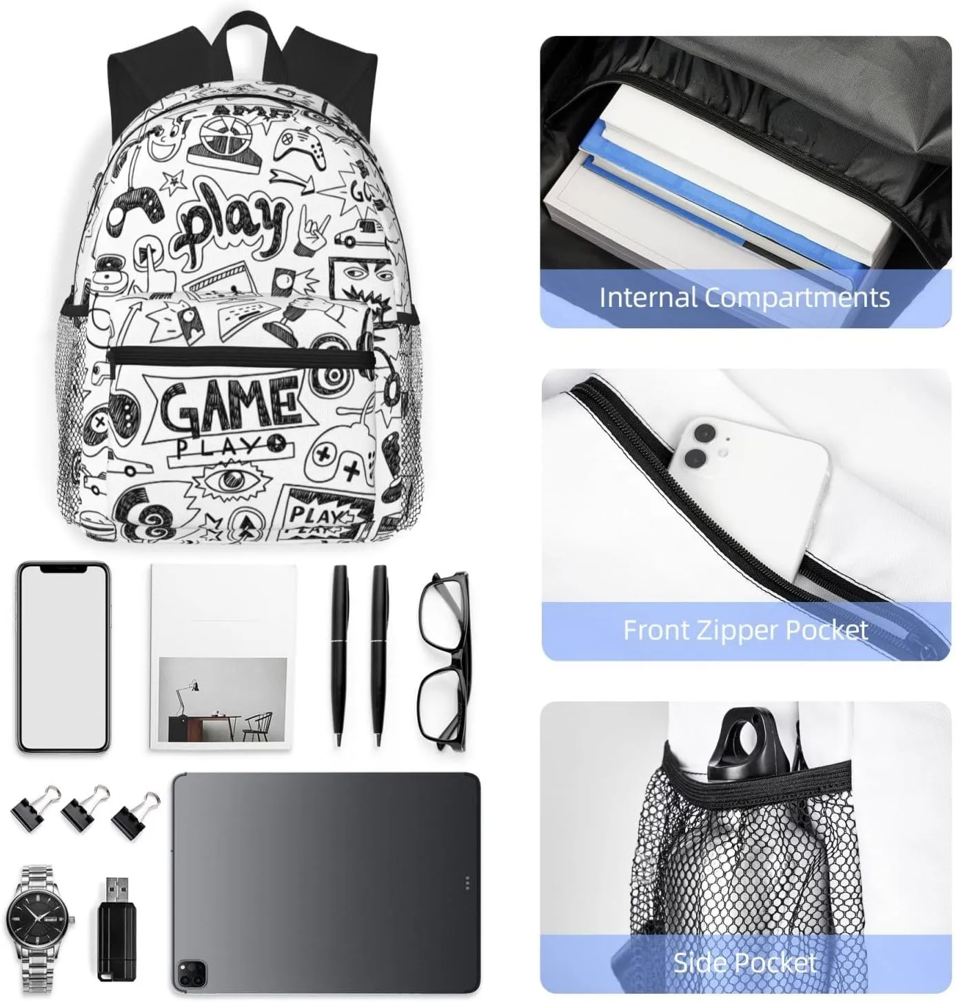 Monochrome Sketch Style Gaming Print Comfortable Backpack,Your Essential Casual Travel Bag For Outdoor Adventures