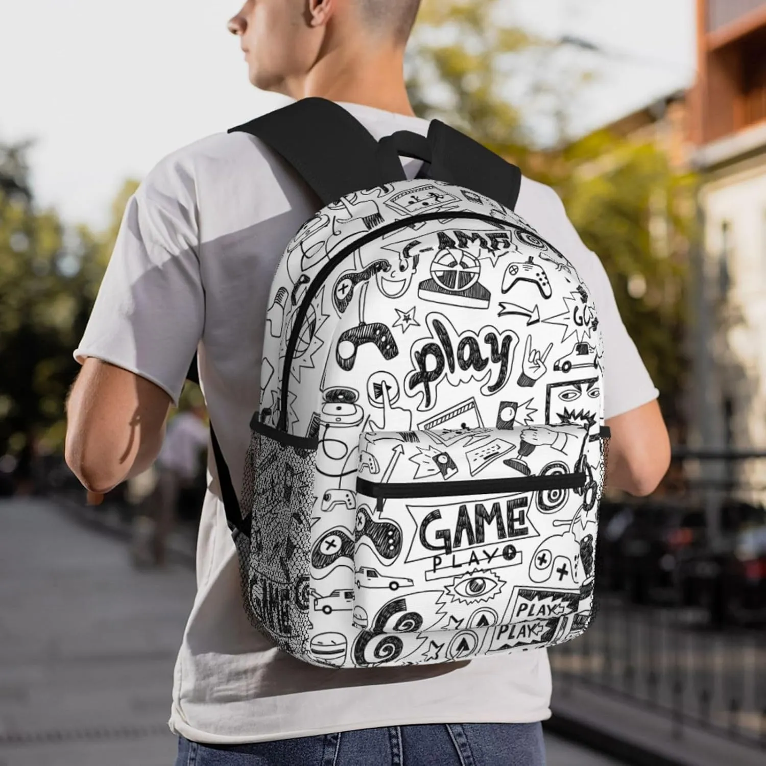 Monochrome Sketch Style Gaming Print Comfortable Backpack,Your Essential Casual Travel Bag For Outdoor Adventures