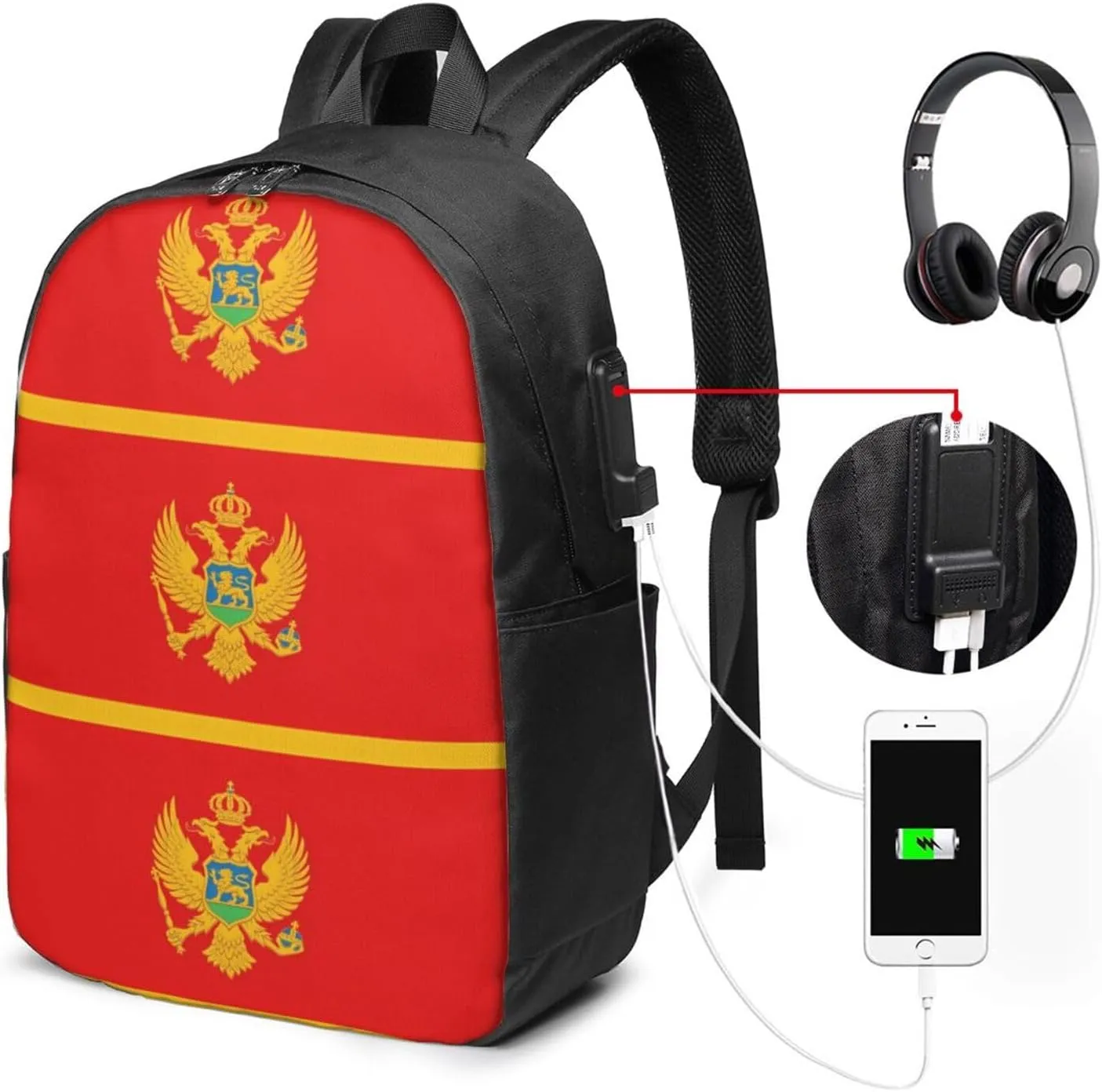 Montenegro Flag Travel Backpack 17-Inch Laptop Backpacks Business Rucksack Casual Sport Daypack with USB Charging Port Carry-on Bag for Camping Biking