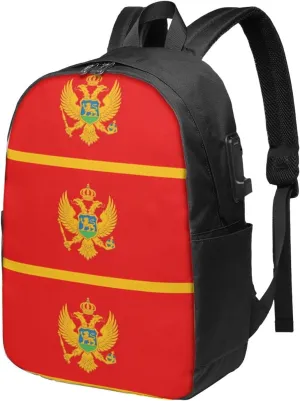 Montenegro Flag Travel Backpack 17-Inch Laptop Backpacks Business Rucksack Casual Sport Daypack with USB Charging Port Carry-on Bag for Camping Biking