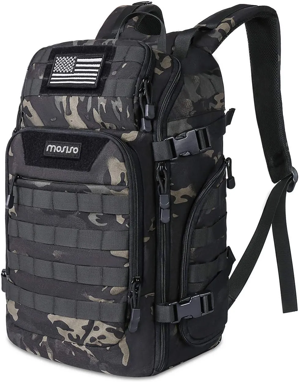 MOSISO 30L Tactical Backpack, Military Daypack 3 Day Assault Rucksack Outdoor Hiking Hunting Fishing Camping Training Shoulder Bag with USA Flag Patch & USB Charging Port, Night Camouflage