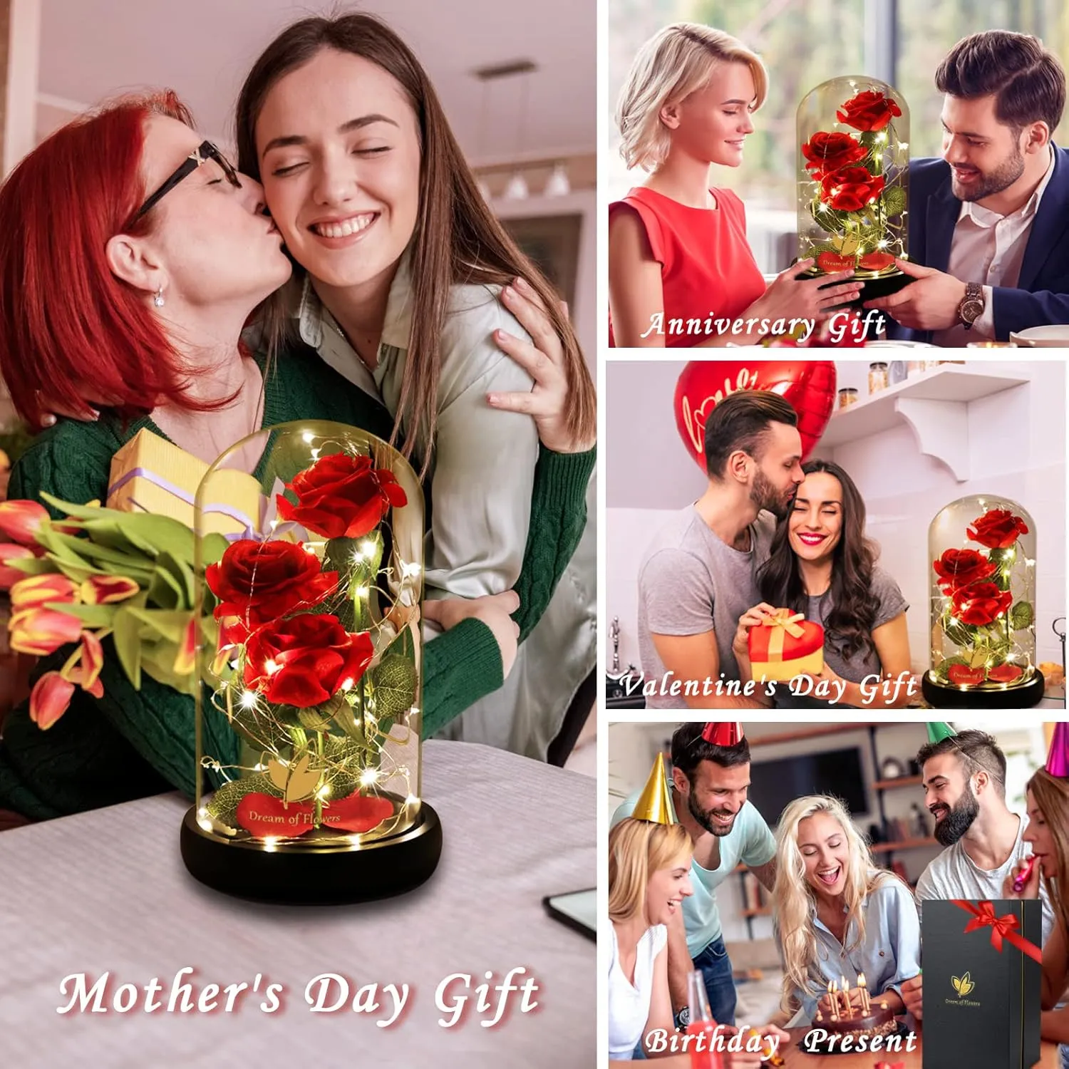 Mothers Day Rose Gifts for Mom,Beauty and The Beast Rose in Glass Dome with Lights, Mothers Day Flowers Birthday Gifts for Women,Anniversary Rose Gifts for Wife,Red Silk Rose Flower Gifts for Women