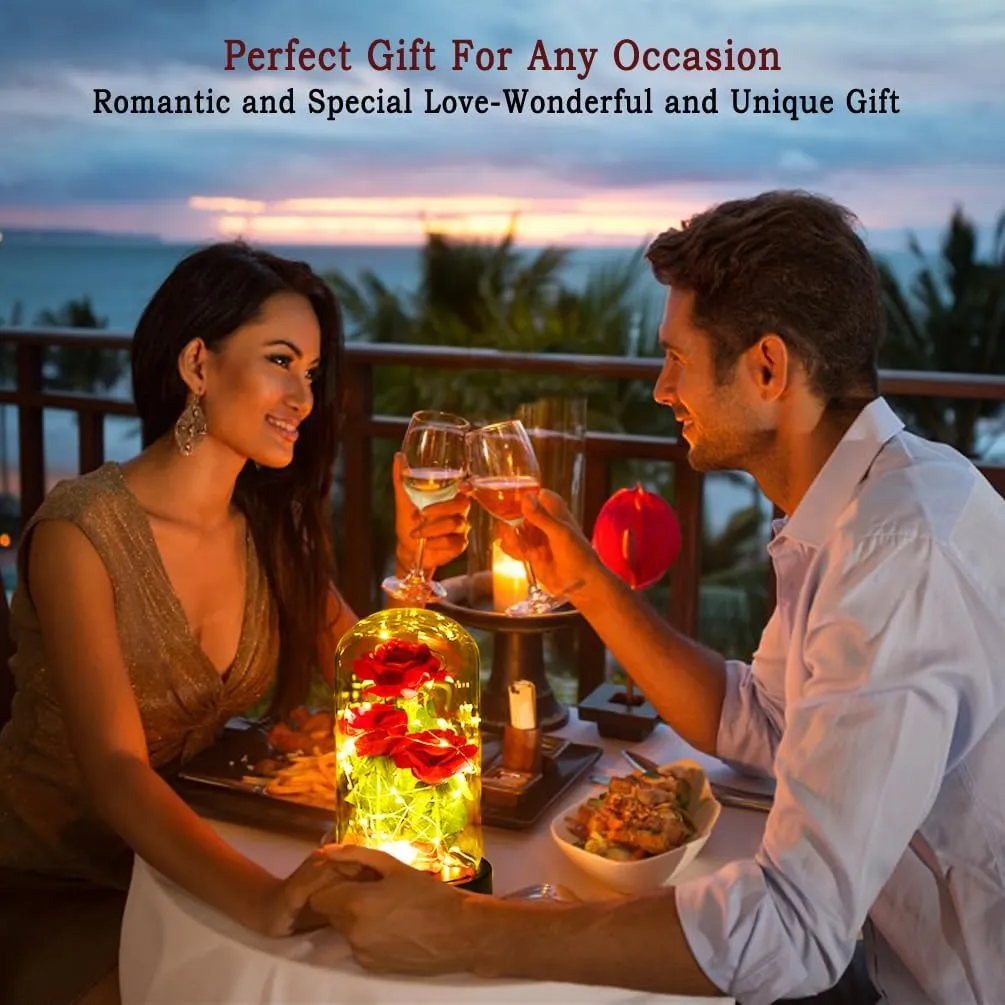 Mothers Day Rose Gifts for Mom,Beauty and The Beast Rose in Glass Dome with Lights, Mothers Day Flowers Birthday Gifts for Women,Anniversary Rose Gifts for Wife,Red Silk Rose Flower Gifts for Women