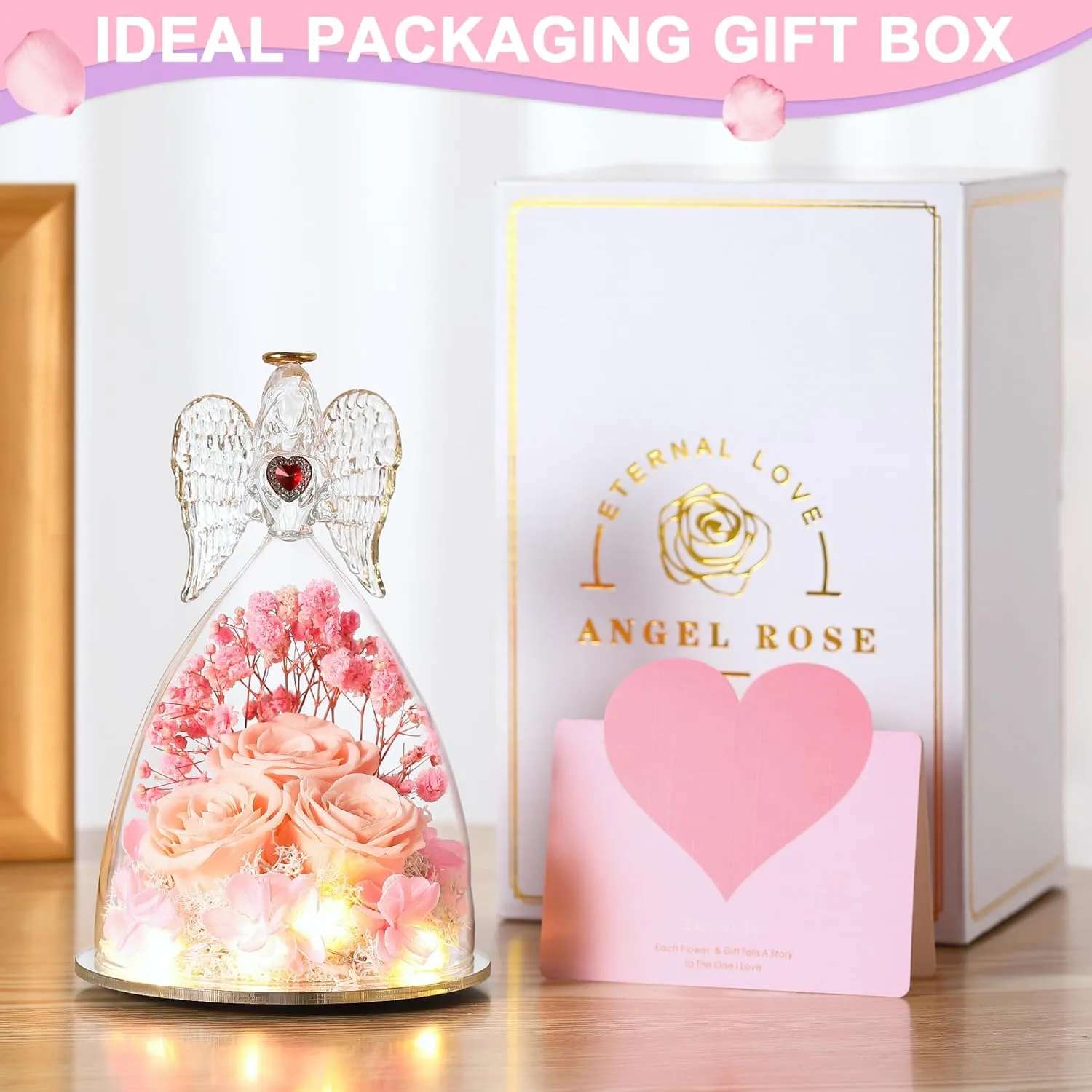 Mothers Day Rose Gifts for Women, Large Angel Figurines with Real Roses, Preserved Real Flower Rose for Her, Champagne