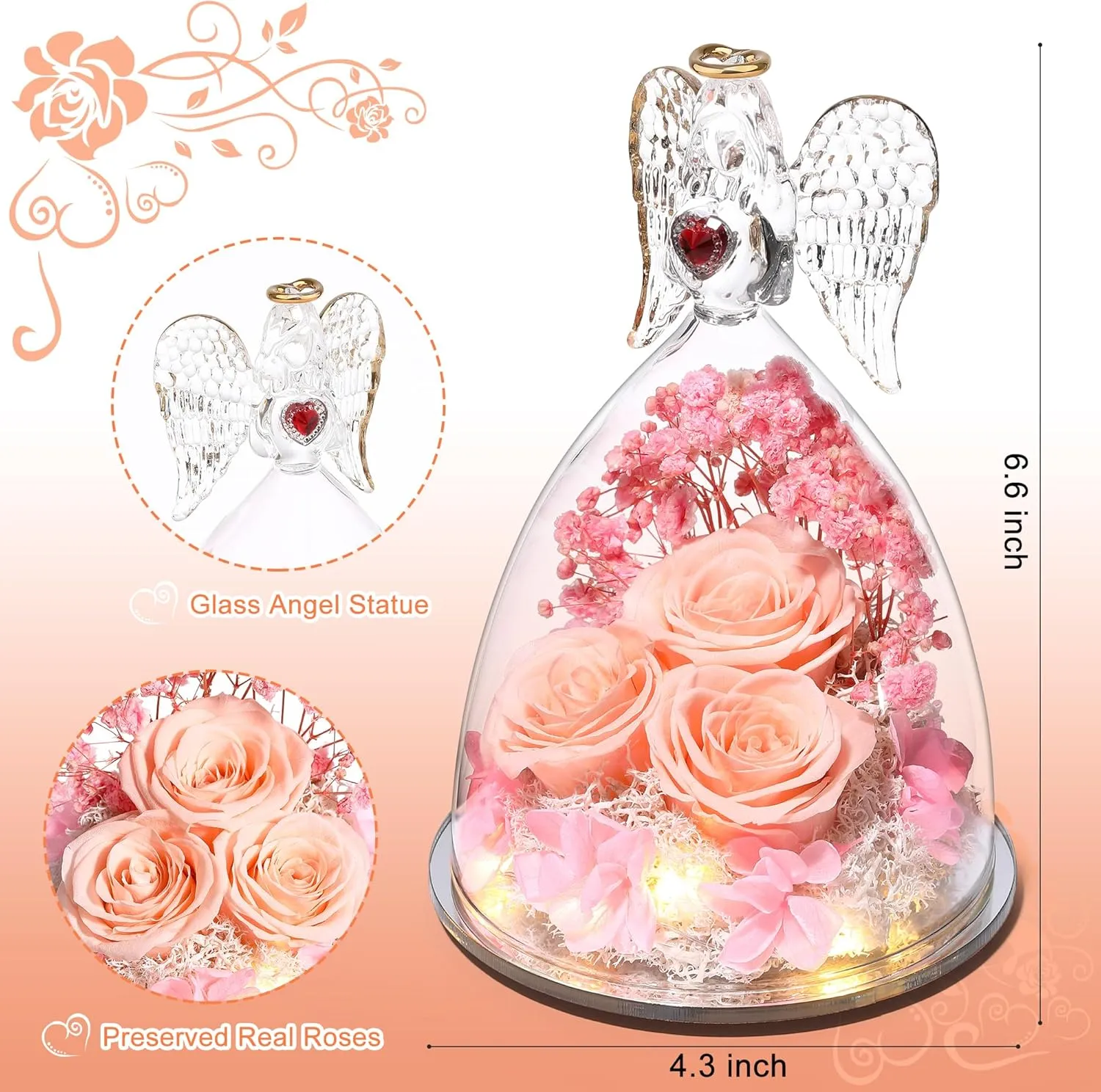 Mothers Day Rose Gifts for Women, Large Angel Figurines with Real Roses, Preserved Real Flower Rose for Her, Champagne