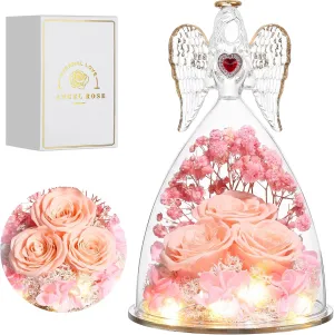 Mothers Day Rose Gifts for Women, Large Angel Figurines with Real Roses, Preserved Real Flower Rose for Her, Champagne