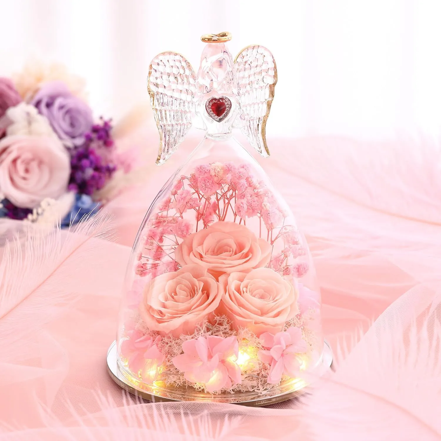 Mothers Day Rose Gifts for Women, Large Angel Figurines with Real Roses, Preserved Real Flower Rose for Her, Champagne