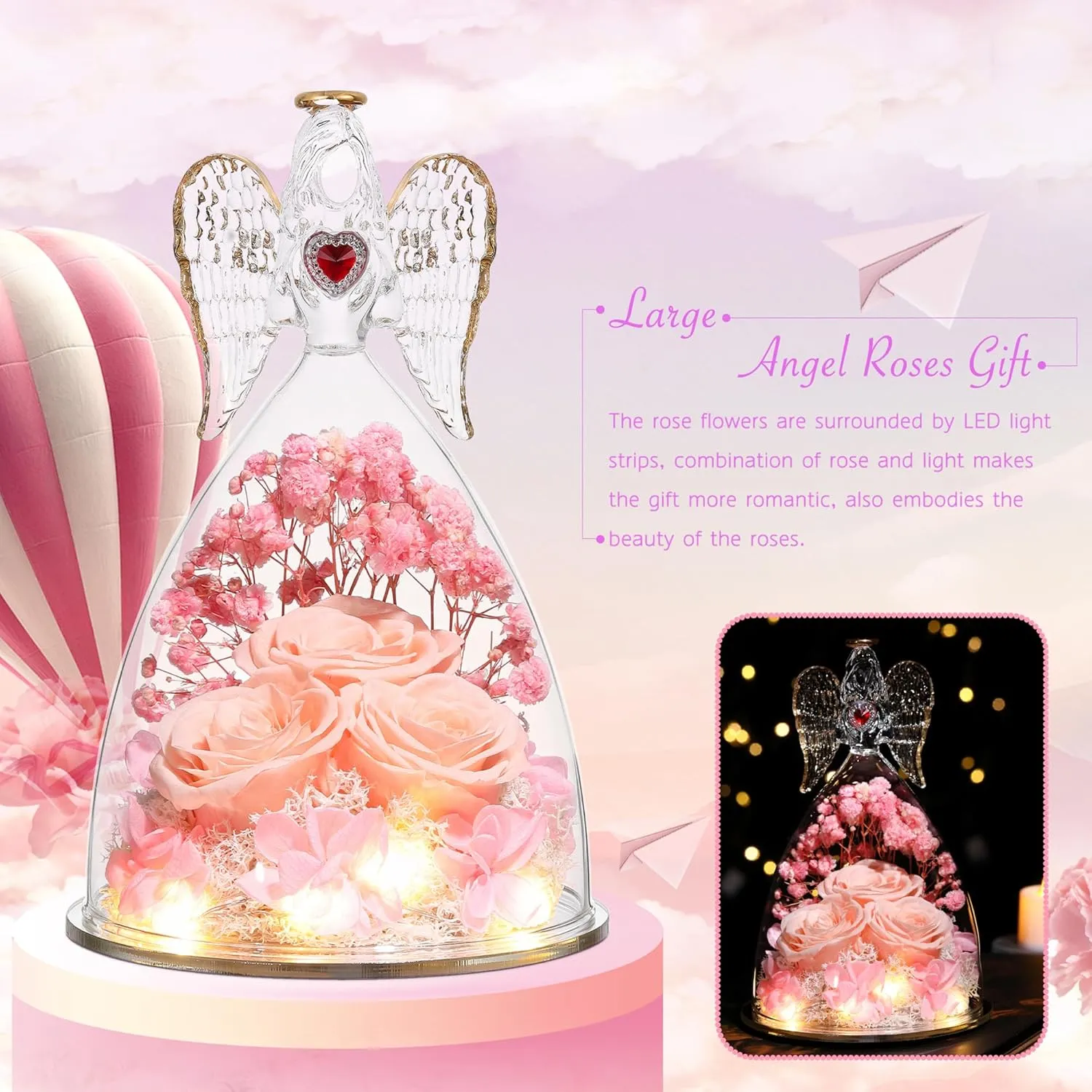 Mothers Day Rose Gifts for Women, Large Angel Figurines with Real Roses, Preserved Real Flower Rose for Her, Champagne