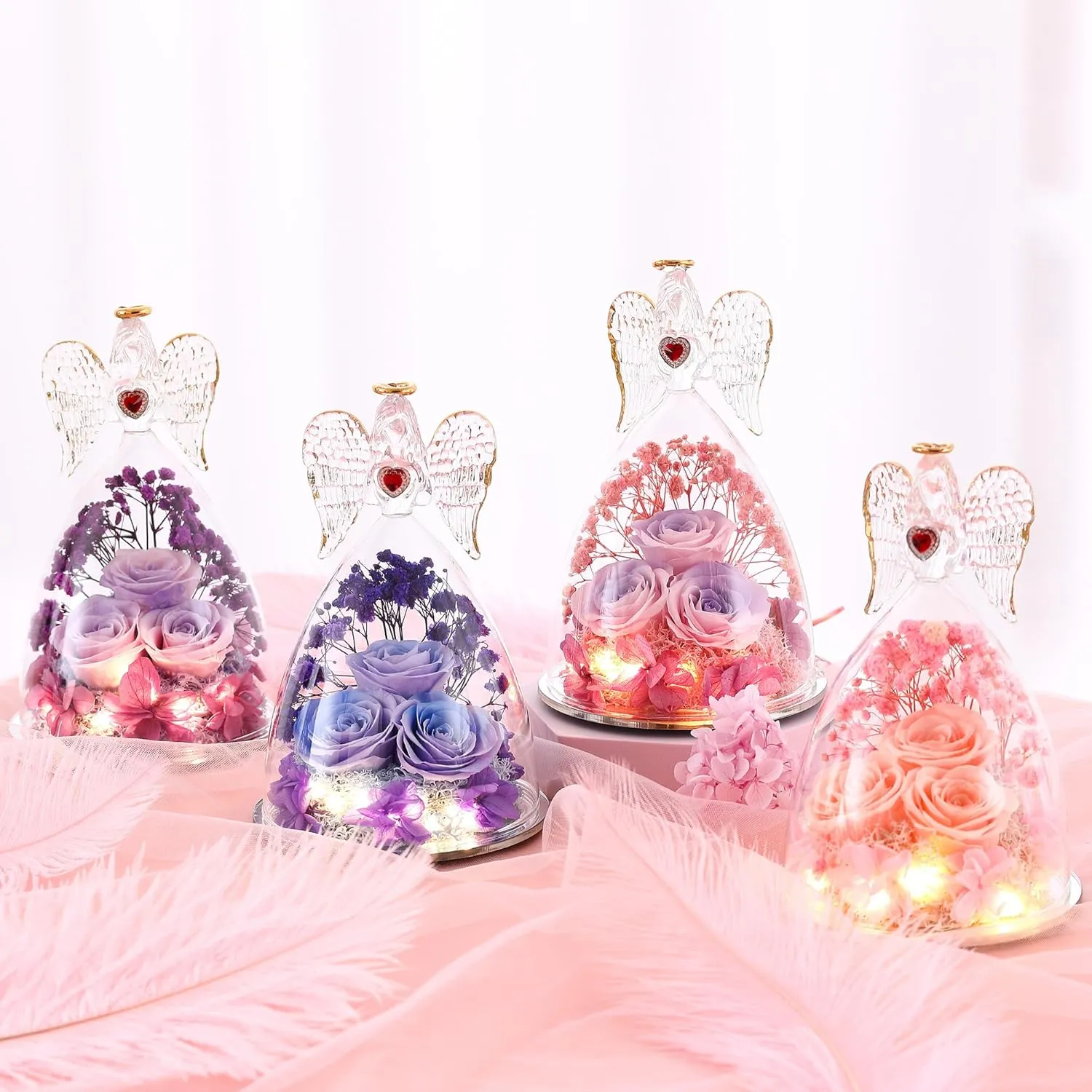 Mothers Day Rose Gifts for Women, Large Angel Figurines with Real Roses, Preserved Real Flower Rose for Her, Champagne