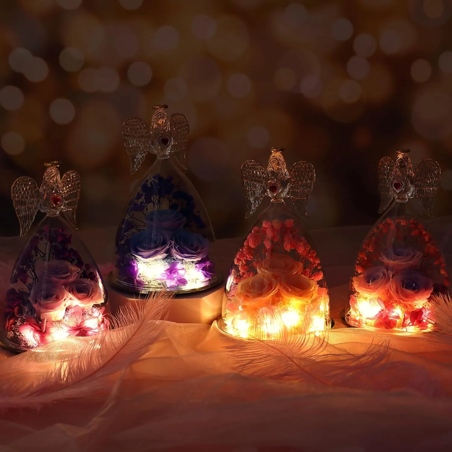 Mothers Day Rose Gifts for Women, Large Angel Figurines with Real Roses, Preserved Real Flower Rose for Her, Champagne