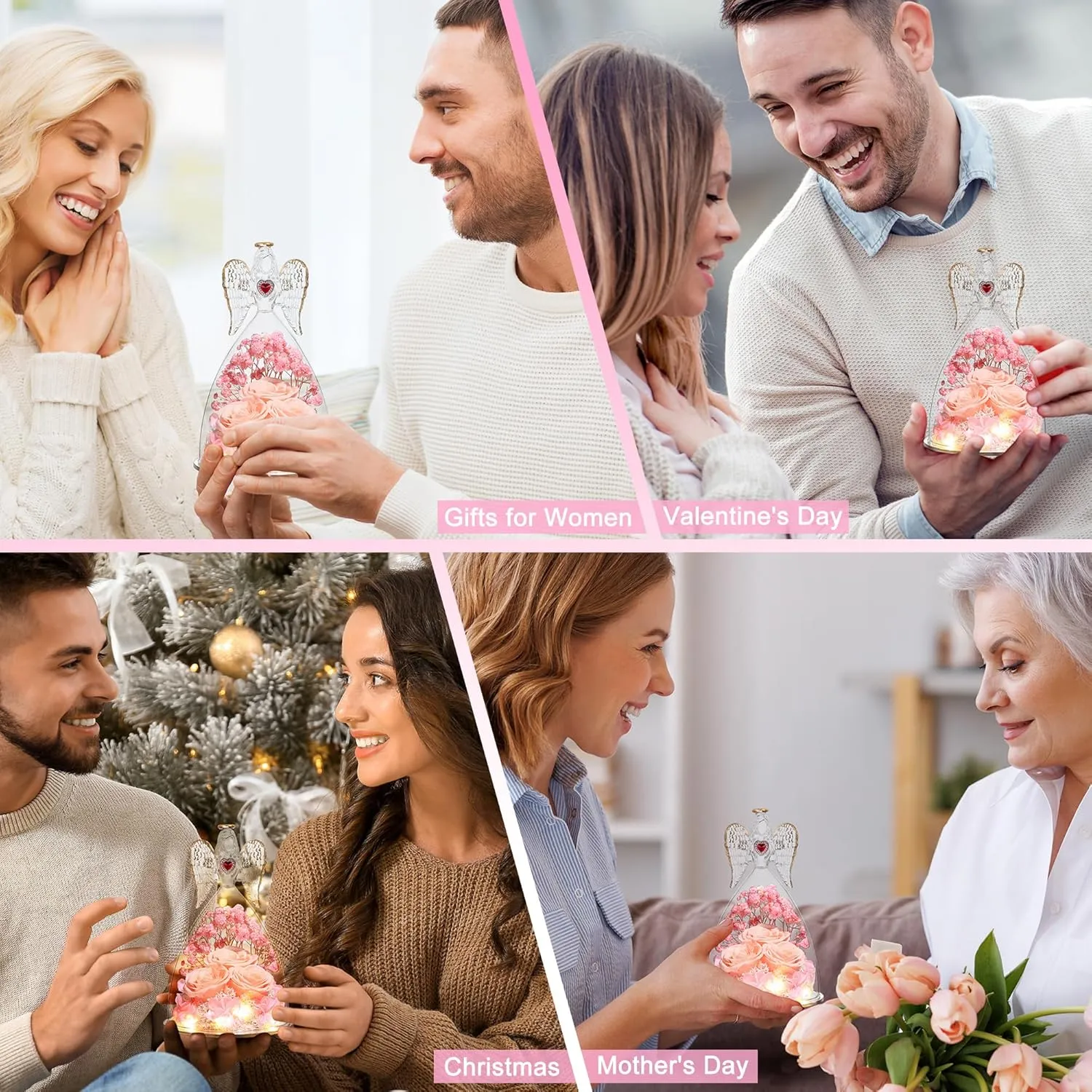Mothers Day Rose Gifts for Women, Large Angel Figurines with Real Roses, Preserved Real Flower Rose for Her, Champagne