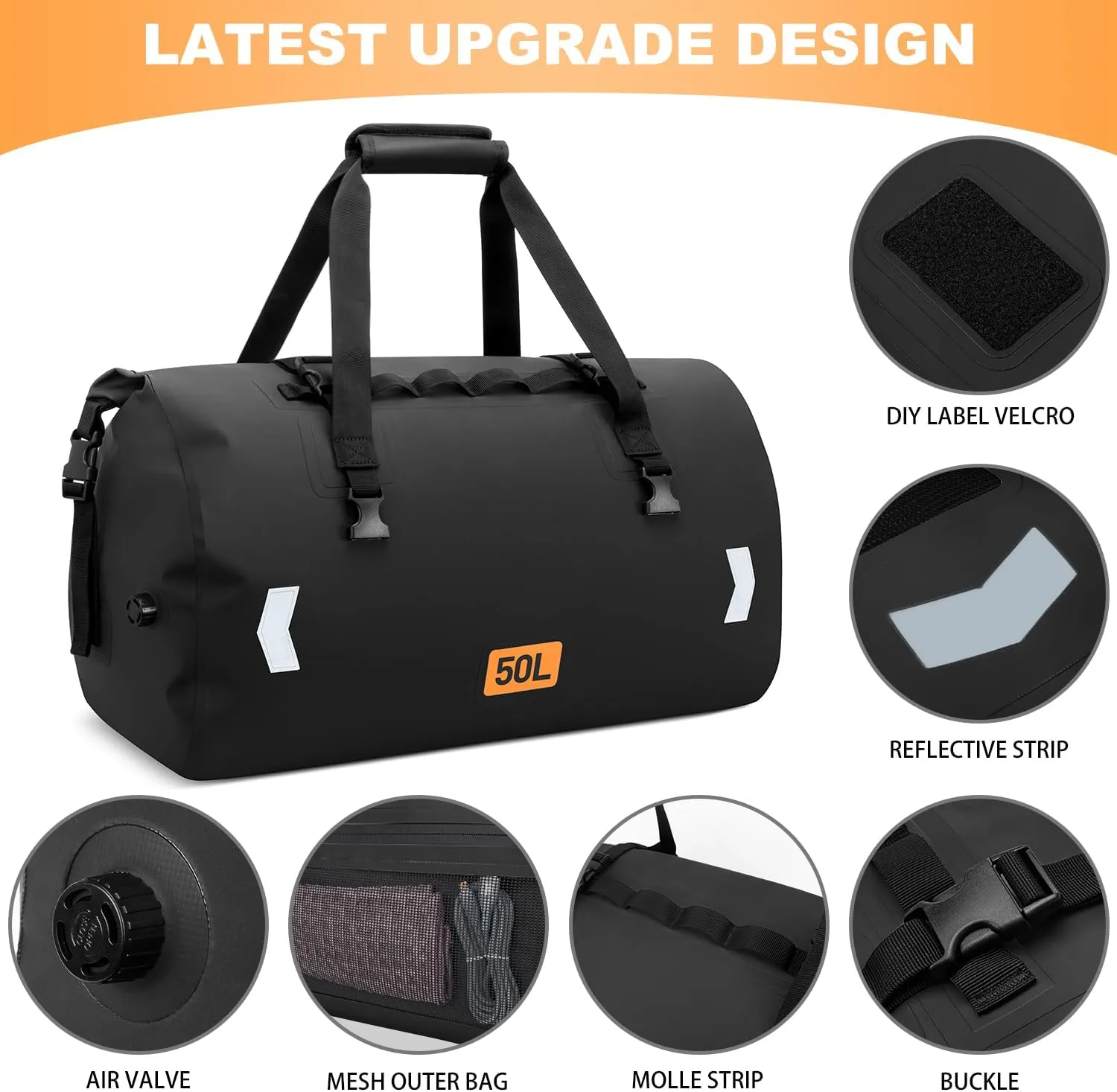 Motorcycle Dry Bag, Waterproof Duffel Bag & Roll-top Dry Duffel Bag, Motorcycle Luggage Travel Bag with Air Valve & Quick-adjust Straps For Riding,Travel, Black, 50L