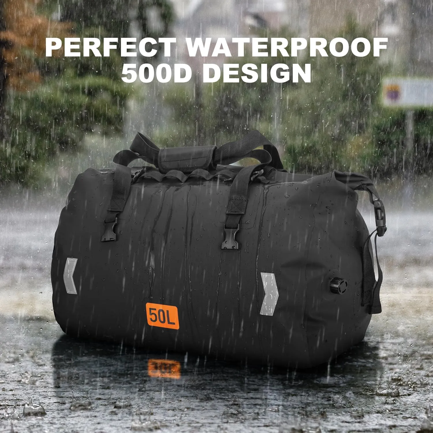 Motorcycle Dry Bag, Waterproof Duffel Bag & Roll-top Dry Duffel Bag, Motorcycle Luggage Travel Bag with Air Valve & Quick-adjust Straps For Riding,Travel, Black, 50L