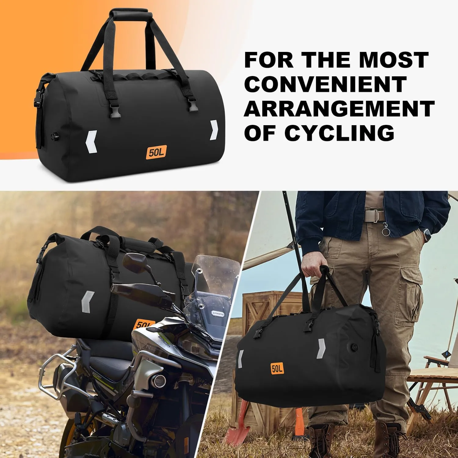 Motorcycle Dry Bag, Waterproof Duffel Bag & Roll-top Dry Duffel Bag, Motorcycle Luggage Travel Bag with Air Valve & Quick-adjust Straps For Riding,Travel, Black, 50L