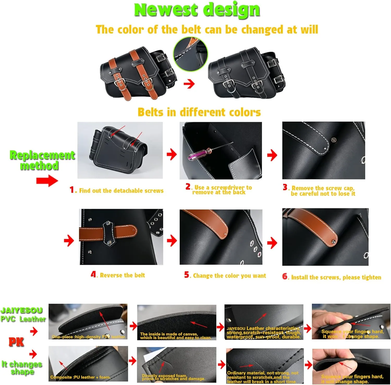 Motorcycle Saddle Bags Side Bags|Saddlebags|Pvc Leather Waterproof Side Swing ArmBags|SideToolBag|UniversalStorage Tool Bag for Motorbike|with cup holder|Brown belt|Black|Left