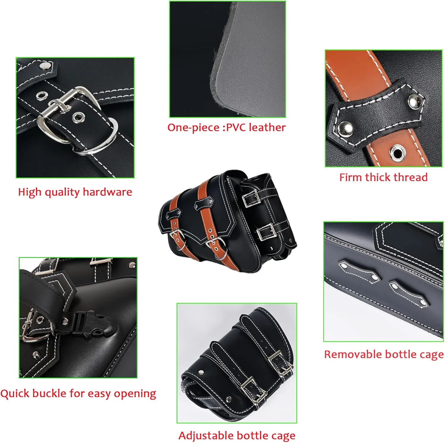 Motorcycle Saddle Bags Side Bags|Saddlebags|Pvc Leather Waterproof Side Swing ArmBags|SideToolBag|UniversalStorage Tool Bag for Motorbike|with cup holder|Brown belt|Black|Left