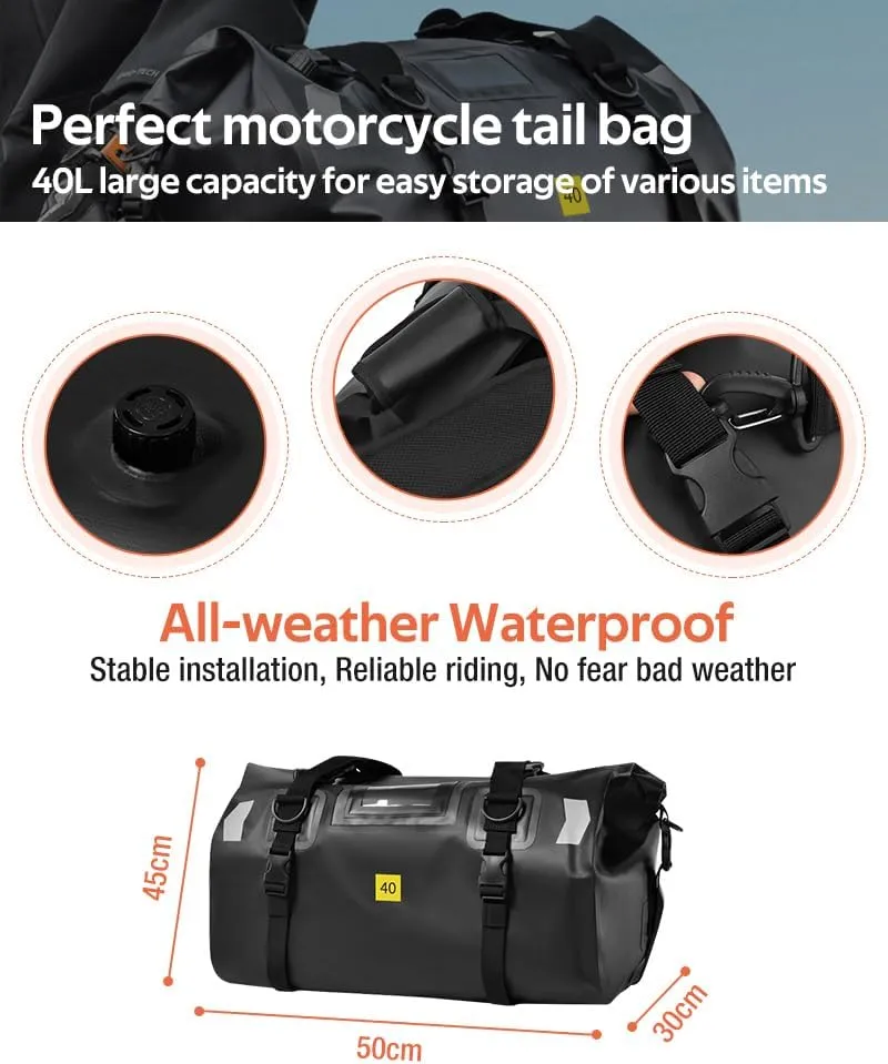 Motorcycle Tail Bag 40L, Waterproof Duffel Bag, Travel Luggage for Touring Adventure, Camping, Cycling - Dry Bag for Trip and Motor Accessories