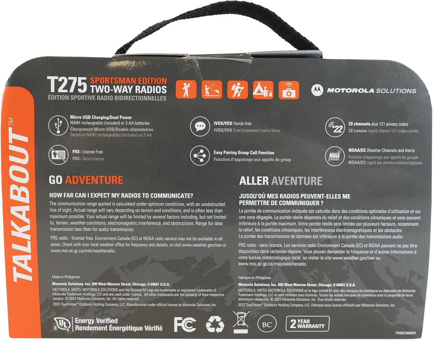 Motorola Talkabout T275 Two-Way Radios (2-Pack) – 25 Mile Range, Rechargeable, Outdoor walkie Talkie, NOAA Weather Alerts, VOX, Earpieces & Case – Survival Ready for Bug Out Bags & Emergency Prep
