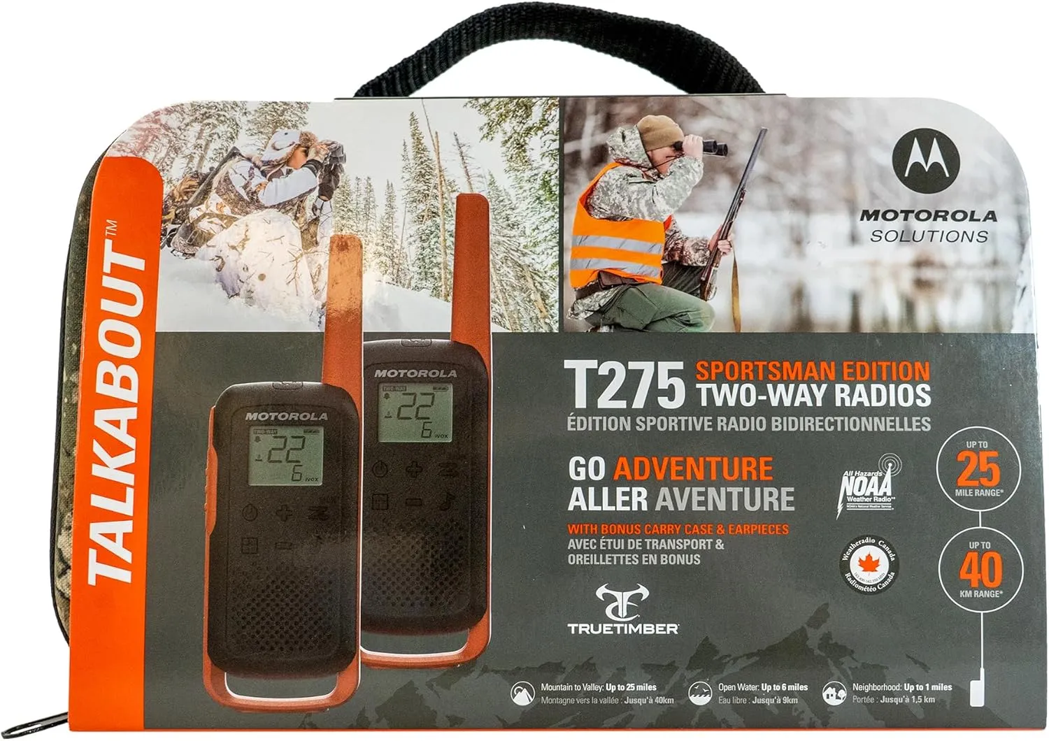 Motorola Talkabout T275 Two-Way Radios (2-Pack) – 25 Mile Range, Rechargeable, Outdoor walkie Talkie, NOAA Weather Alerts, VOX, Earpieces & Case – Survival Ready for Bug Out Bags & Emergency Prep
