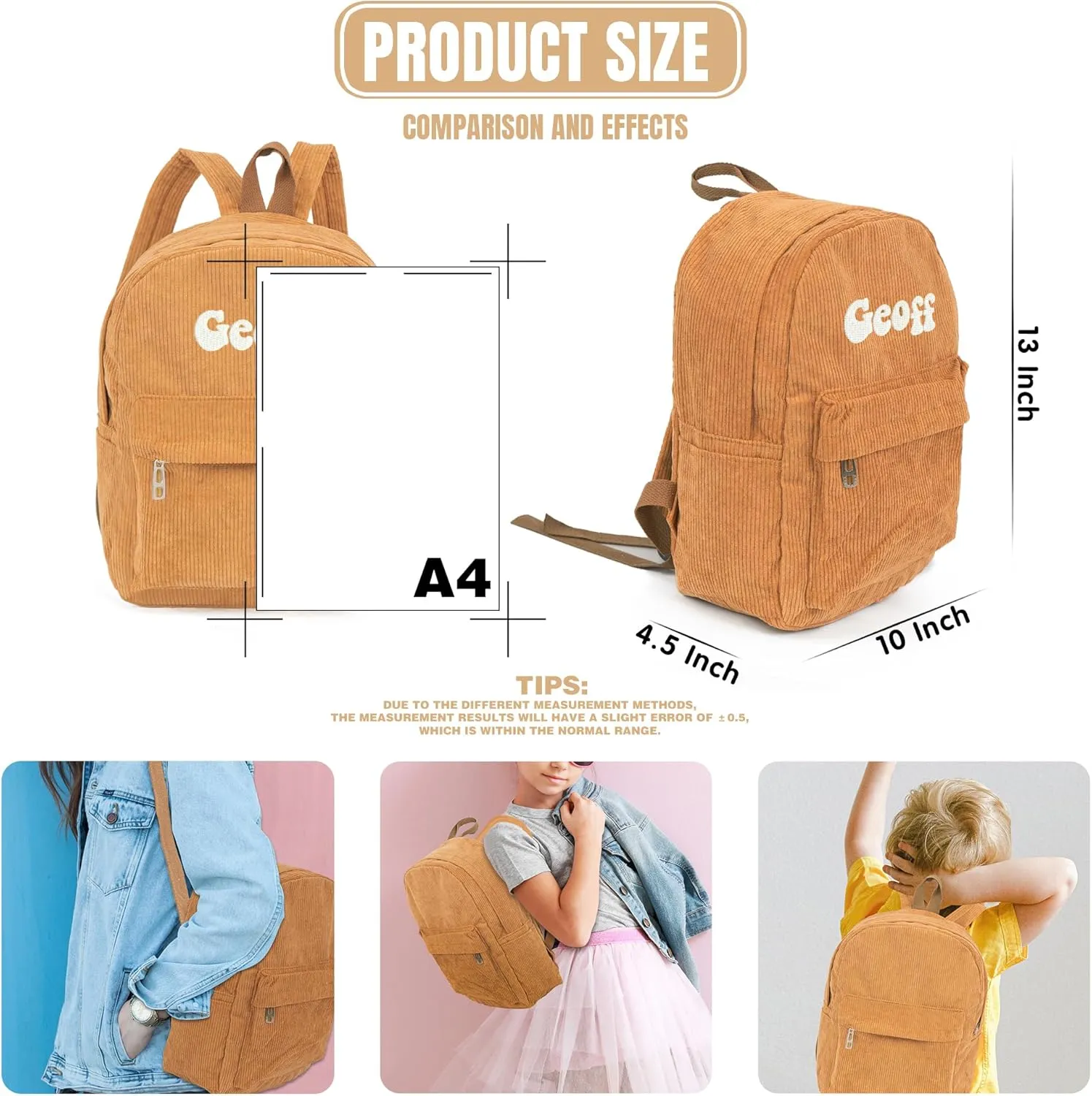 MT WORLD Corduroy Backpack,Personalized Toddler Backpack,Personalized Backpack for Boys,Monogrammed Brown Corduroy Mini Backpack,Customized Kids Backpack with Name,Embroidered Backpack for Child