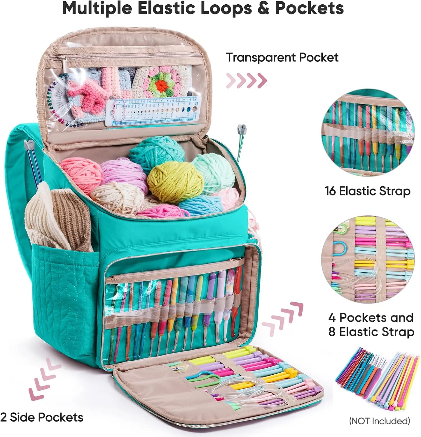 MYBAGZING Knitting Bag Backpack, Large Crochet Backpack - Crochet Bag Organizer, Yarn Storage Organizer - Yarn Holder with 10 Pockets for Crochet Accessories, Knitting & Crochet Supplies, Crochet Gift