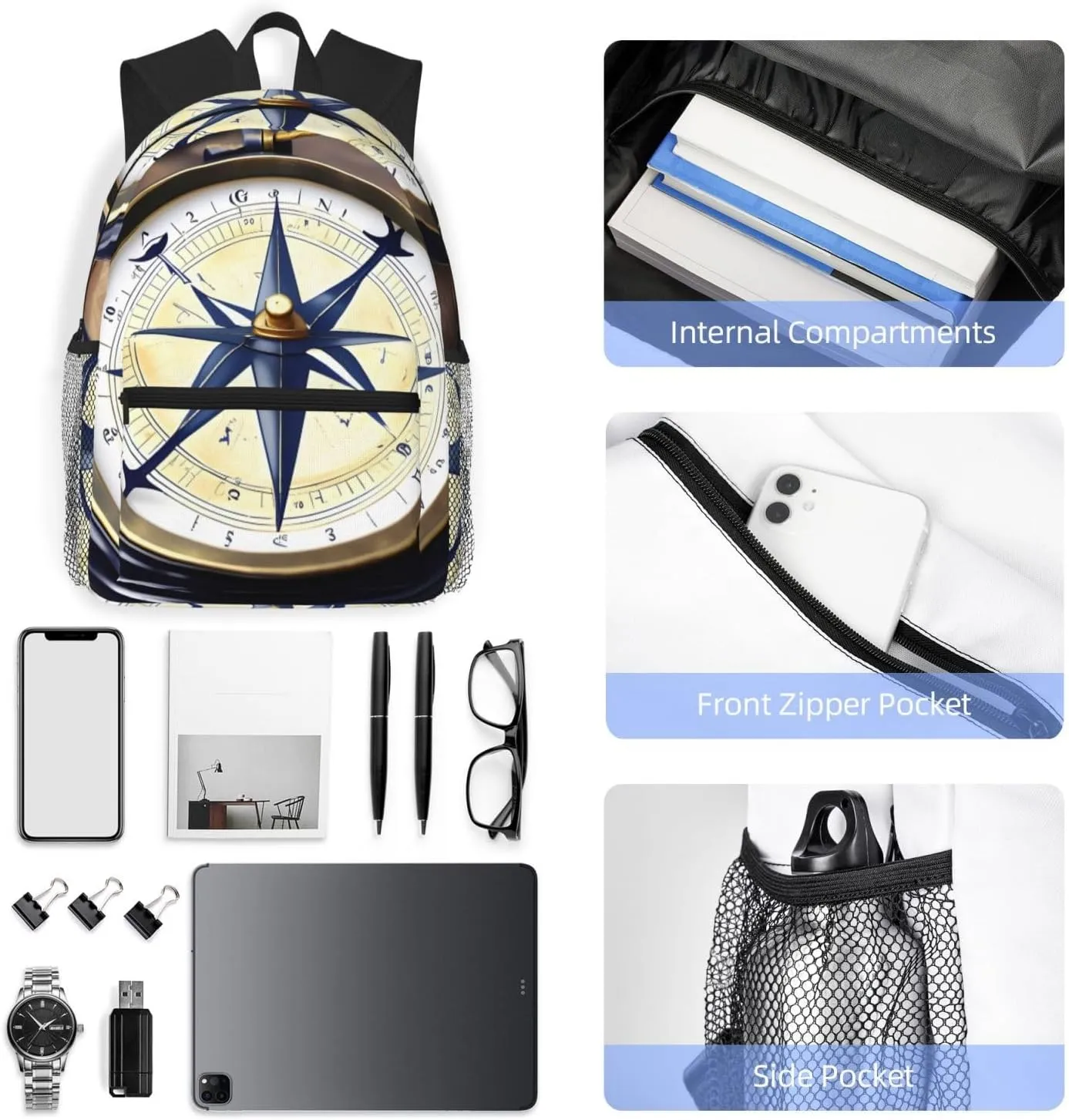 Nautical Compass Casual Backpack - Lightweight, Waterproof Bag, Perfect for Mountain Climbing and Traveling