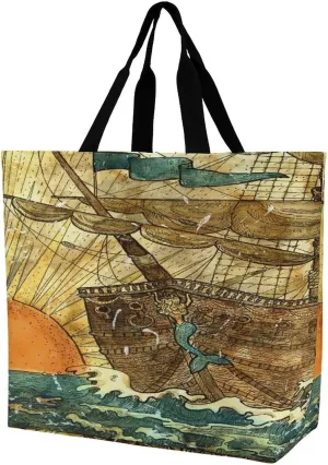 Nautical Sea Map Compass Sailing Ship Large Totes Bag Women's Casual Purses Work Handbags Shopping Bag