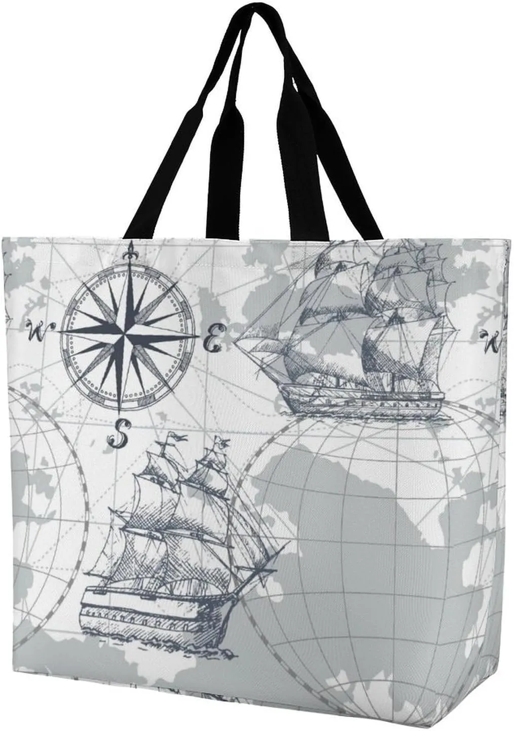 Nautical Sea Map Compass Sailing Ship Large Totes Bag Women's Casual Purses Work Handbags Shopping Bag