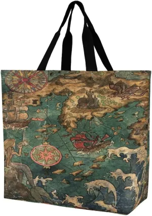 Nautical Sea Map Compass Sailing Ship Large Totes Bag Women's Casual Purses Work Handbags Shopping Bag