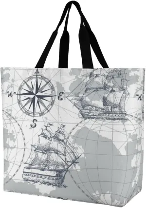 Nautical Sea Map Compass Sailing Ship Large Totes Bag Women's Casual Purses Work Handbags Shopping Bag