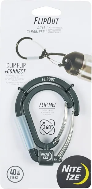 Nite Ize FlipOut Dual Carabiner - Cast Aluminum Double Carabiner - 360-Degree Swivel & Folding Body - Perfect for Camping & Hiking - for Tools & Household Items - Working Load Limit of 40 lbs