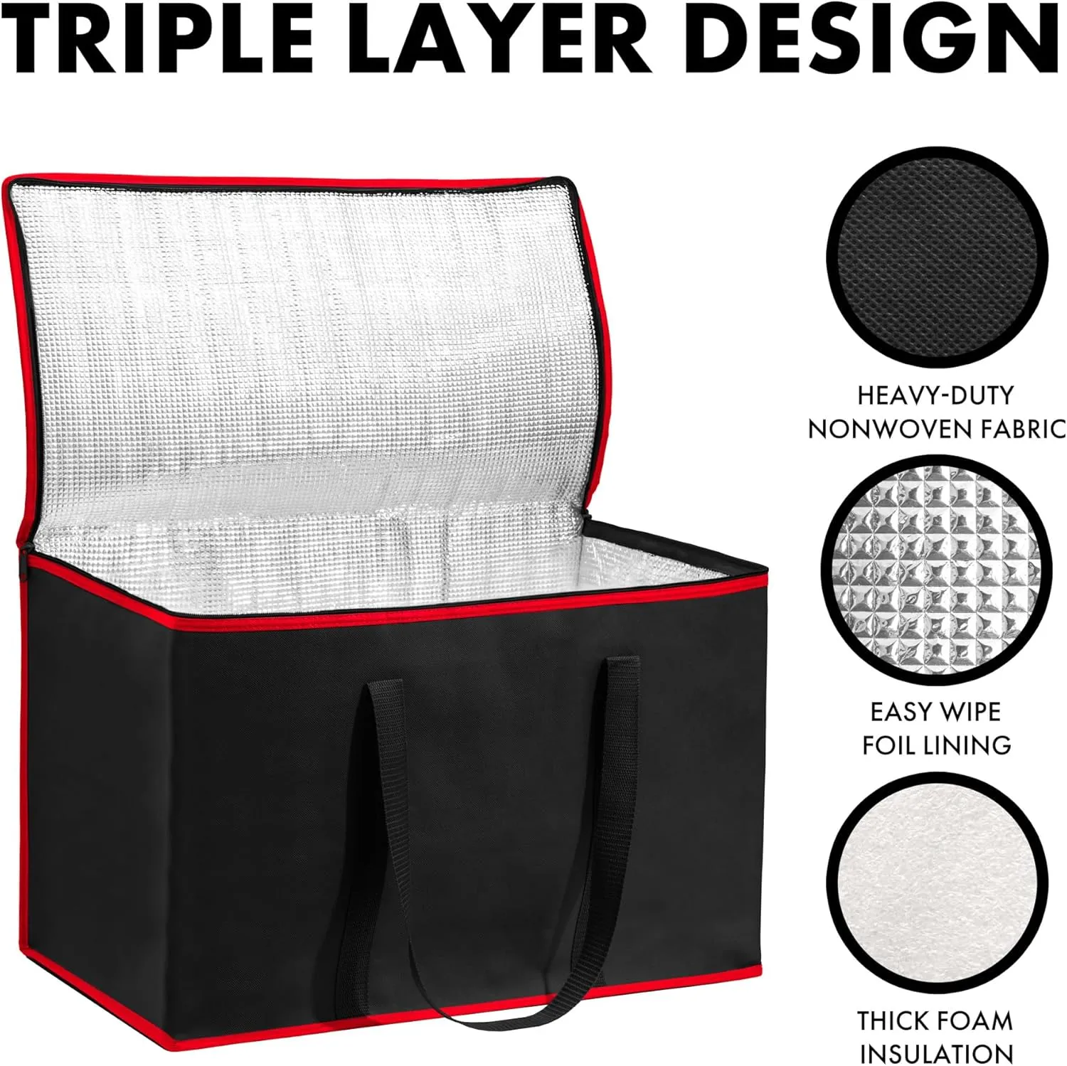 (Not Made In China) Insulated Grocery Bags w/Zippered Top, Reusable Shopping Bags, Catering and Delivery Bag For Hot and Cold Food, Collapsible Thermal Tote For Doordash and Uber Eats