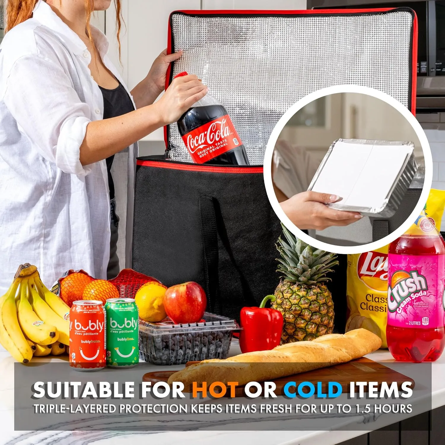 (Not Made In China) Insulated Grocery Bags w/Zippered Top, Reusable Shopping Bags, Catering and Delivery Bag For Hot and Cold Food, Collapsible Thermal Tote For Doordash and Uber Eats