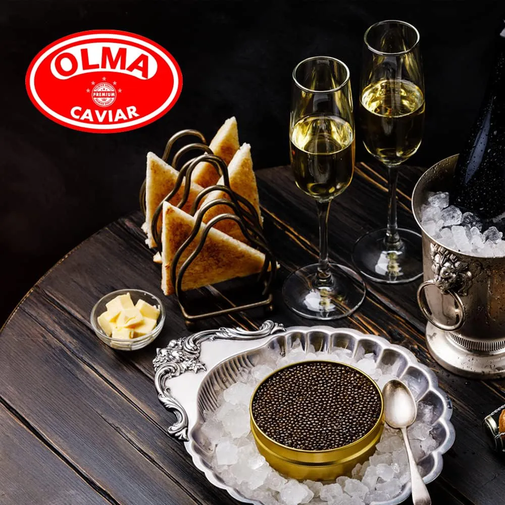 OLMA Noble Caviar Gift Set - 2 oz (56g) of Caviar, Includes Kaluga Royal, Siberian Osetra Aurora, Hackleback, Paddlefish, Serving Spoon & Blinis - Superior Grade Fresh Roe Fish Eggs