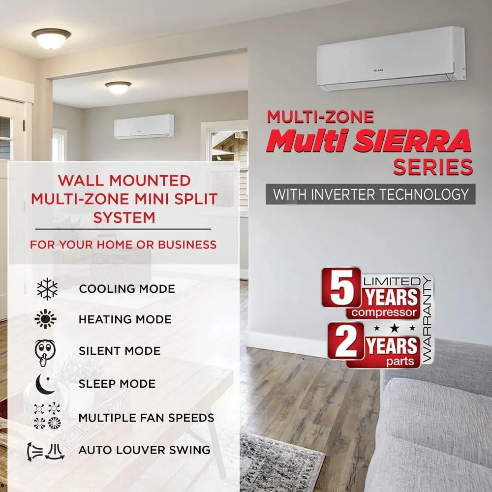 OLMO 36,000 BTU Quad Zone 9000   9000   9000   9000 BTU Wall Mount Ductless Mini Split A/C and Heater with 16ft Installation Kits