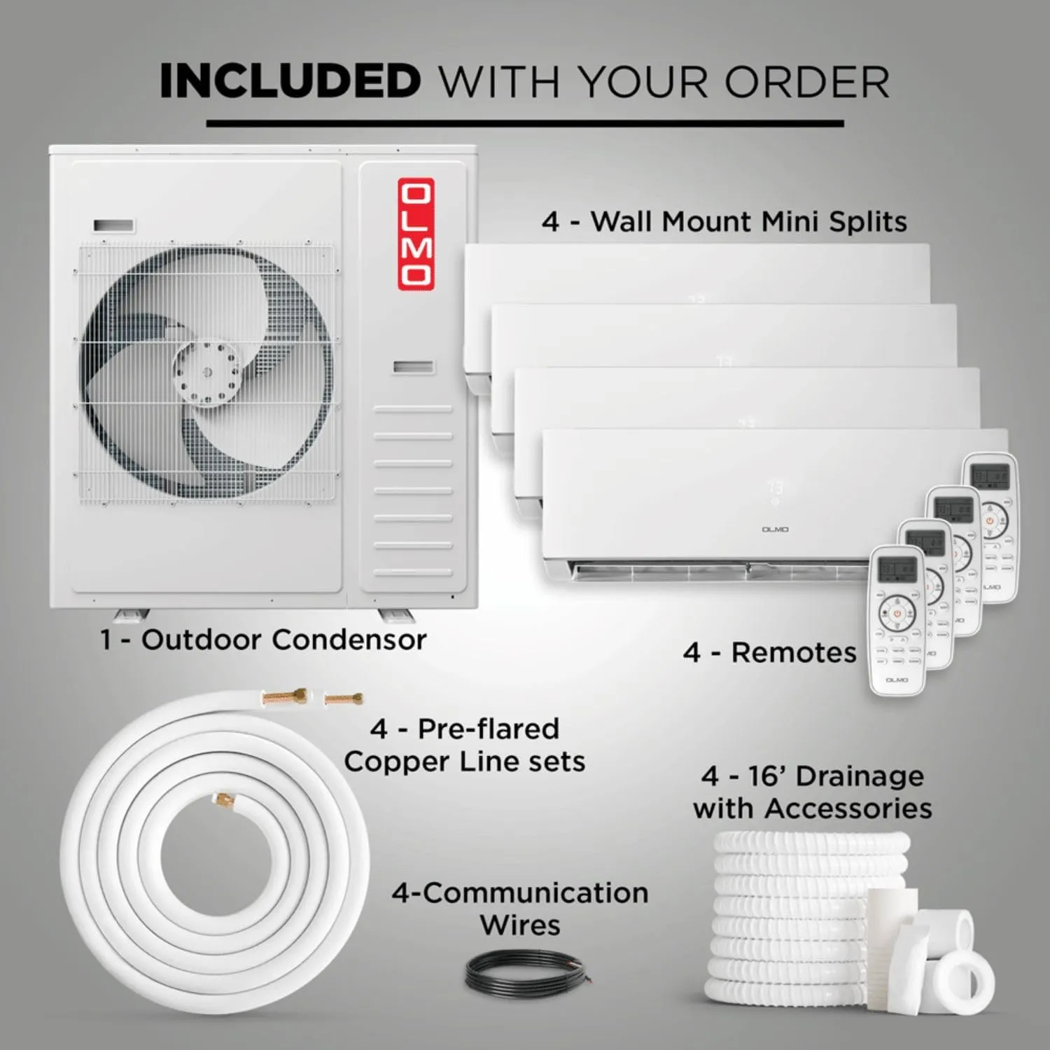 OLMO 36,000 BTU Quad Zone 9000   9000   9000   9000 BTU Wall Mount Ductless Mini Split A/C and Heater with 16ft Installation Kits