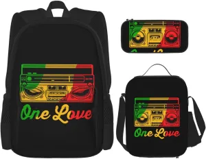 One Loves Reggae Retro Radio Stereo Multifunctional Pocket Backpack Crossbody Lunch Bag Pencil Case 3Pcs Set Large Capacity Backpack
