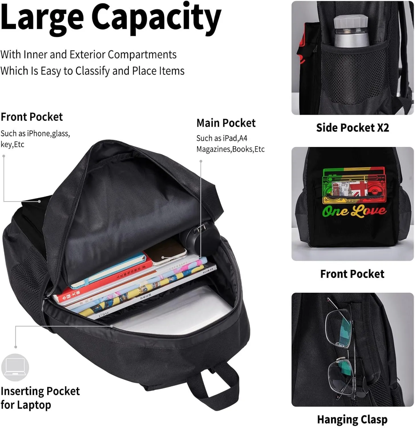 One Loves Reggae Retro Radio Stereo Multifunctional Pocket Backpack Crossbody Lunch Bag Pencil Case 3Pcs Set Large Capacity Backpack