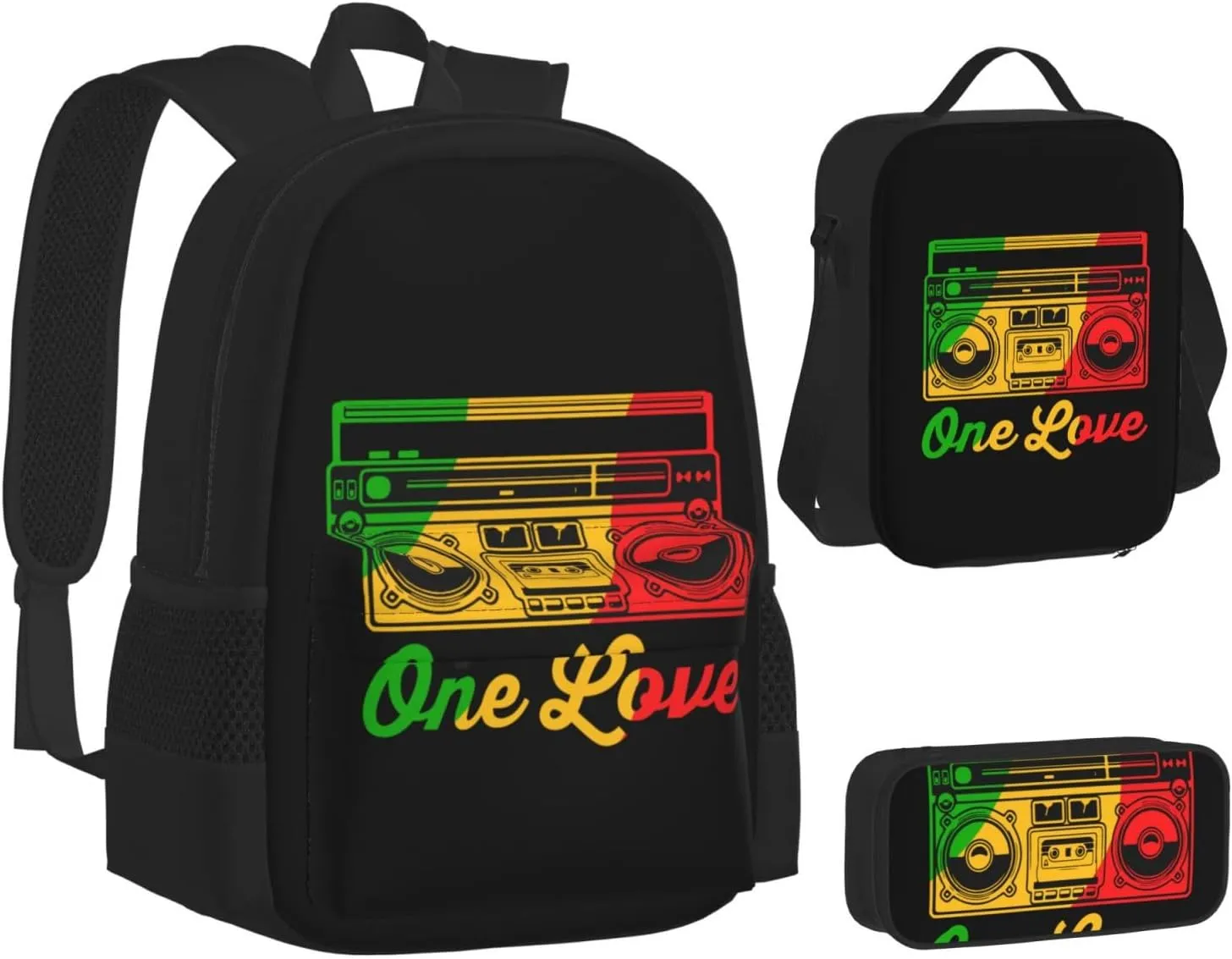 One Loves Reggae Retro Radio Stereo Multifunctional Pocket Backpack Crossbody Lunch Bag Pencil Case 3Pcs Set Large Capacity Backpack