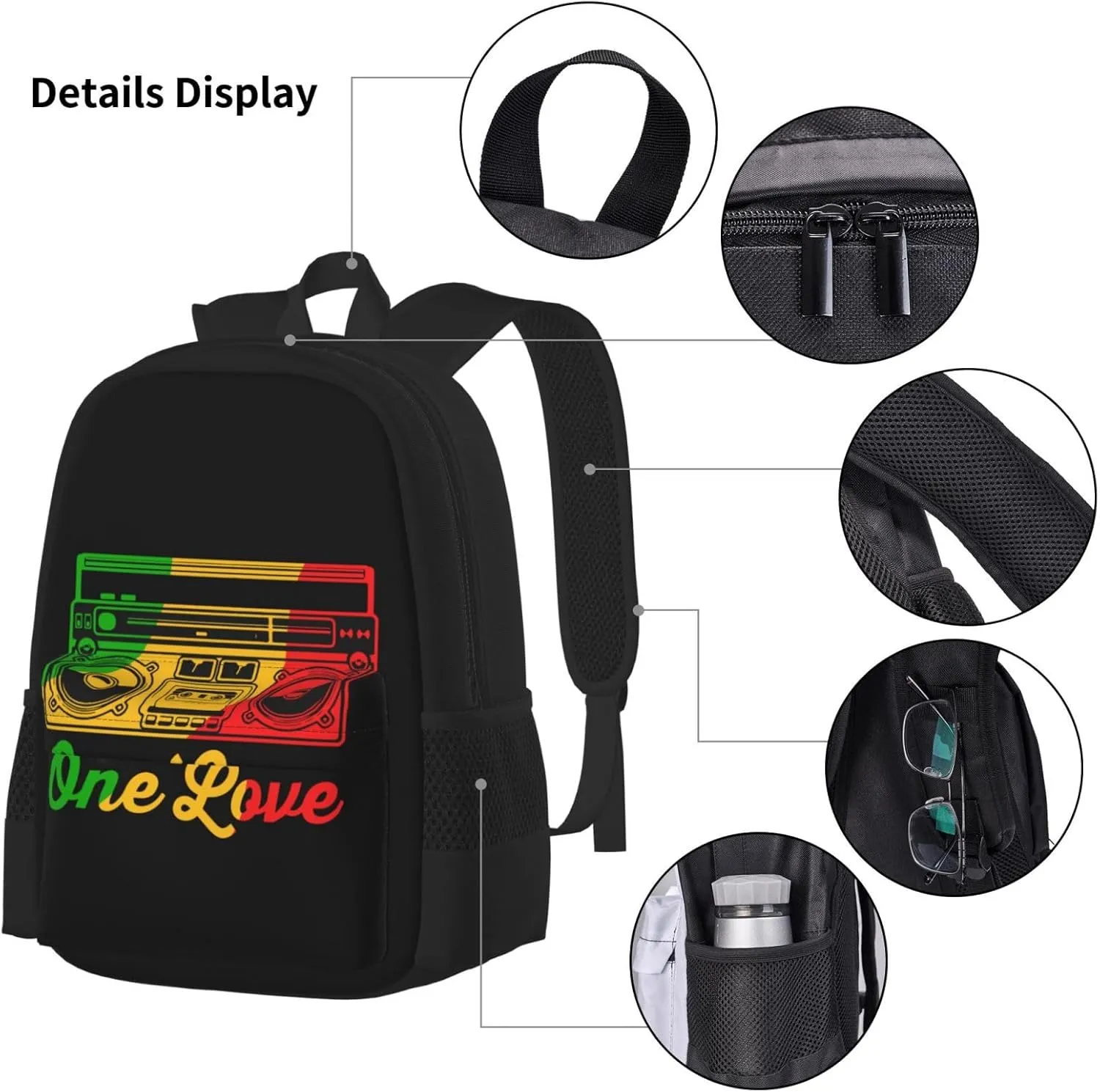 One Loves Reggae Retro Radio Stereo Multifunctional Pocket Backpack Crossbody Lunch Bag Pencil Case 3Pcs Set Large Capacity Backpack