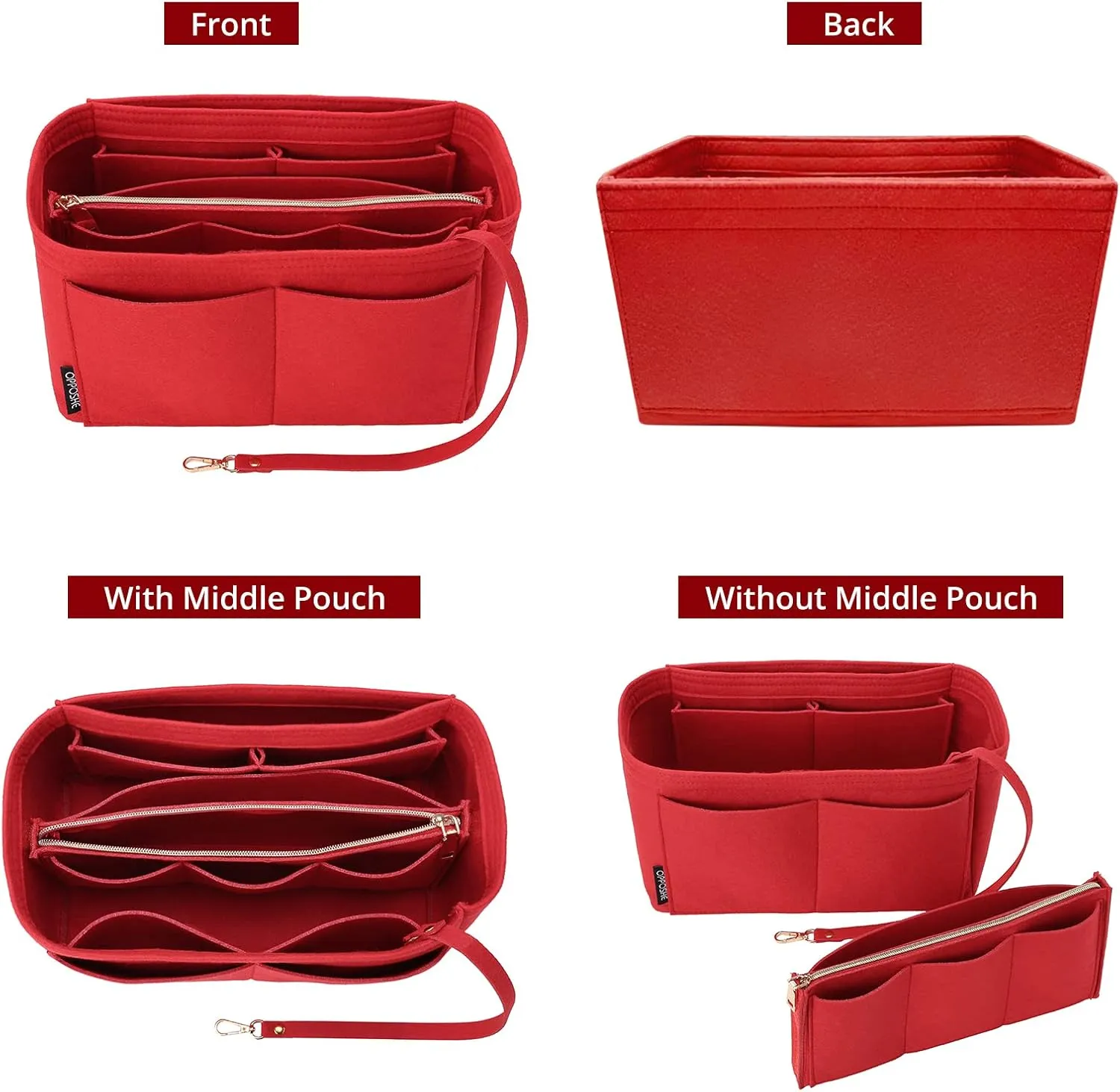 OPPOSHE Purse Organizer Insert for Handbags, Softened Felt Bag Insert Organizer for Tote, Compatible with LV, Coach, MK, Kate Spade, Goyard, Longchamp (Red, Medium)