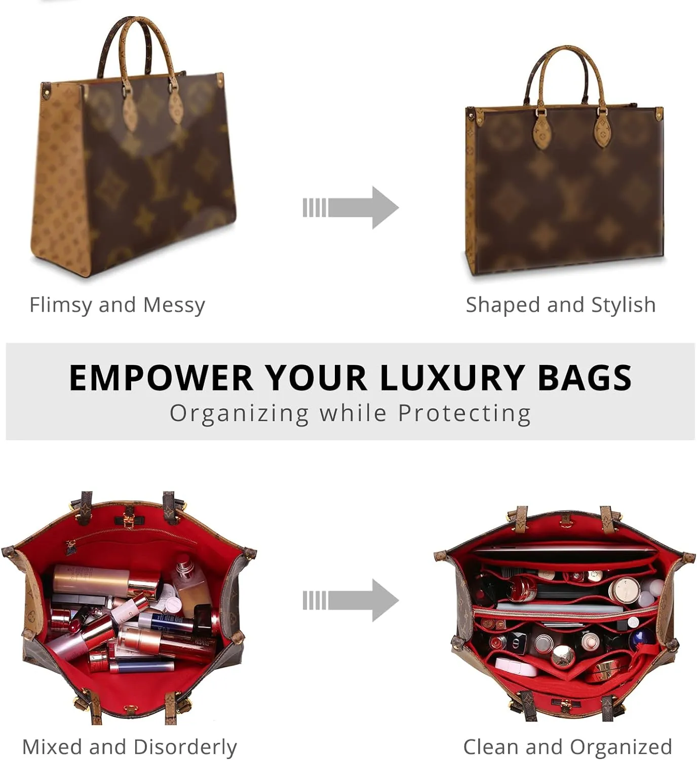 OPPOSHE Purse Organizer Insert for Handbags, Softened Felt Bag Insert Organizer for Tote, Compatible with LV, Coach, MK, Kate Spade, Goyard, Longchamp (Red, Medium)
