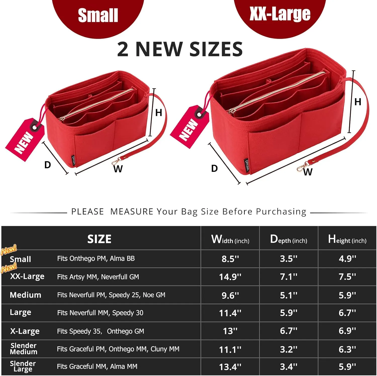OPPOSHE Purse Organizer Insert for Handbags, Softened Felt Bag Insert Organizer for Tote, Compatible with LV, Coach, MK, Kate Spade, Goyard, Longchamp (Red, Medium)