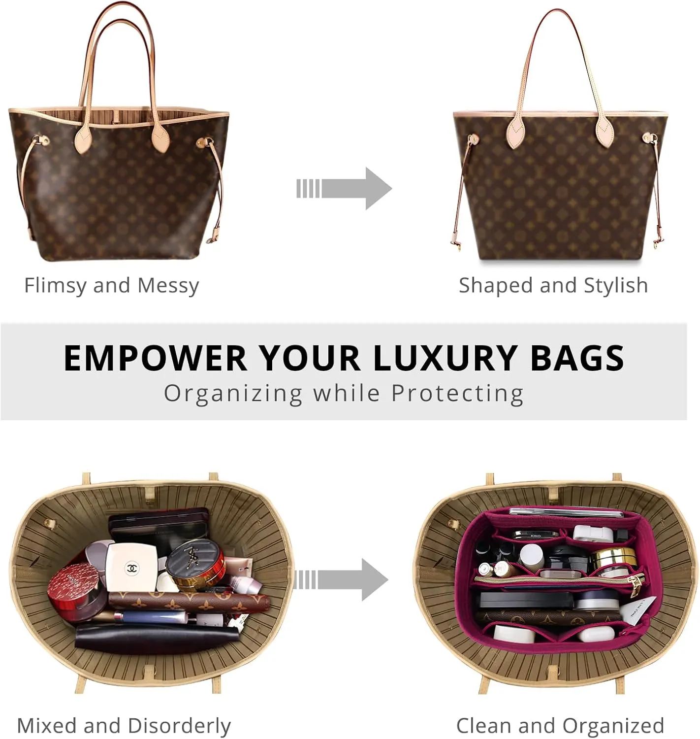 OPPOSHE Purse Organizer Insert for Handbags, Softened Felt Bag Insert Organizer for Tote, Compatible with LV, Coach, MK, Kate Spade, Goyard, Longchamp (Rosy, Large)