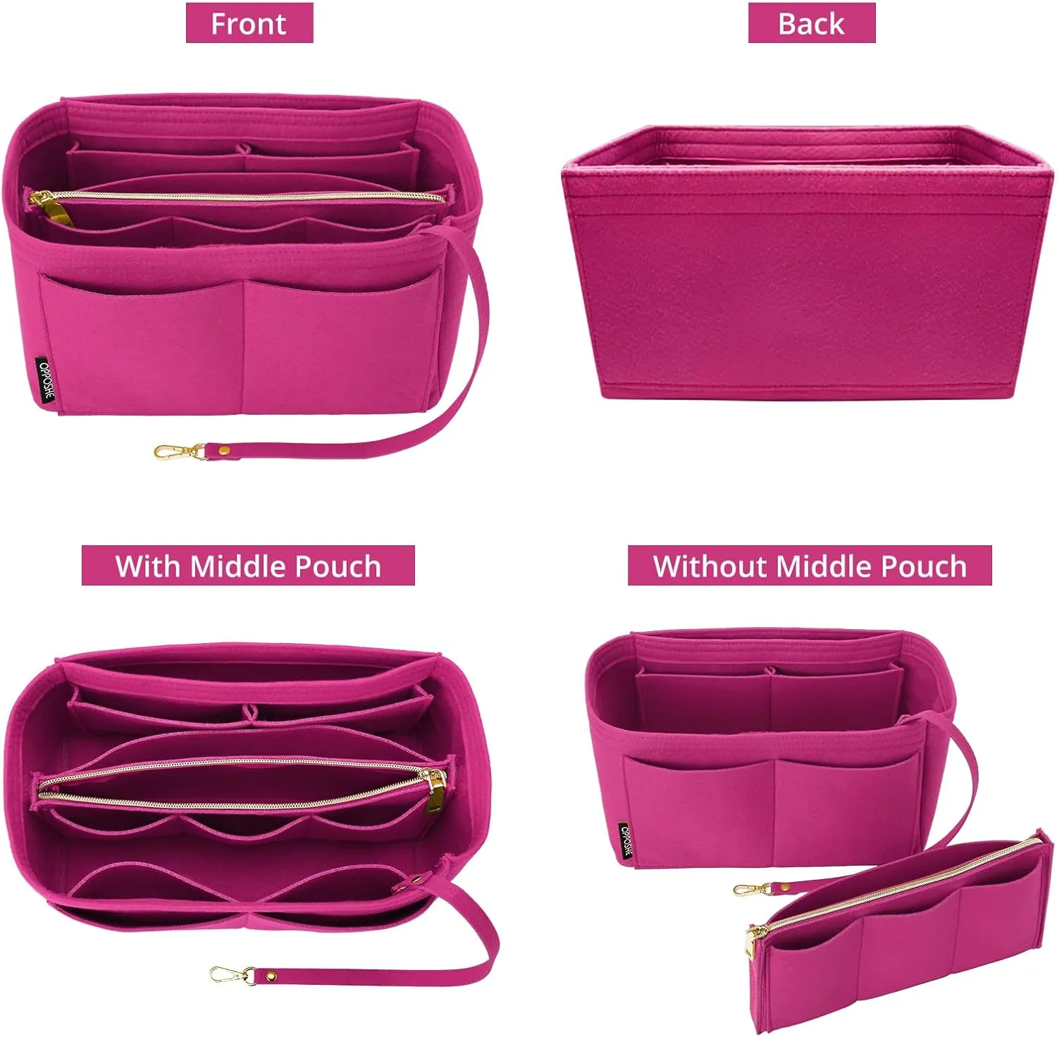 OPPOSHE Purse Organizer Insert for Handbags, Softened Felt Bag Insert Organizer for Tote, Compatible with LV, Coach, MK, Kate Spade, Goyard, Longchamp (Rosy, Large)